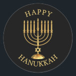 Happy Hanukkah Classic Round Sticker<br><div class="desc">Golden Happy Hanukkah sticker.</div>