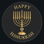 Happy Hanukkah Classic Round Sticker<br><div class="desc">Golden Happy Hanukkah sticker.</div>