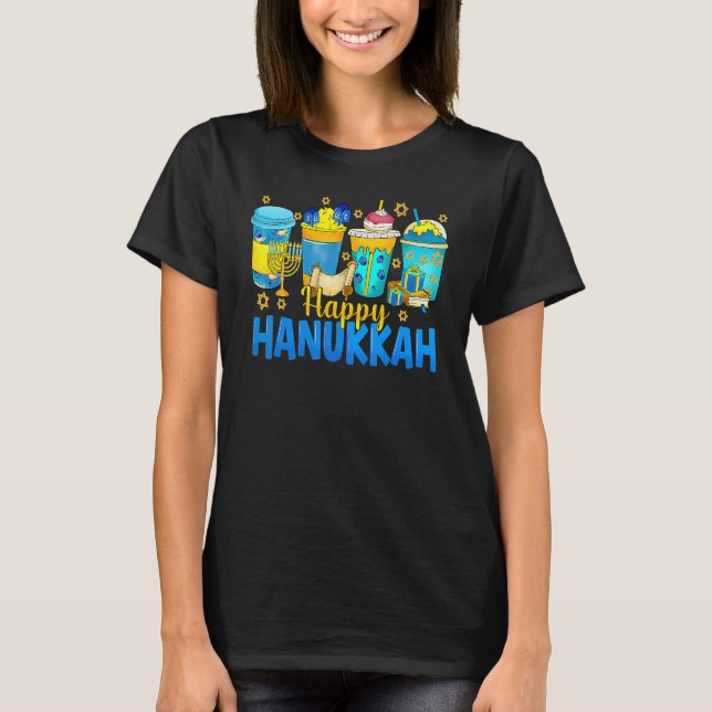 Happy Hanukkah Coffee Latte  Menorah Jewish Chanuk T-Shirt (Front)