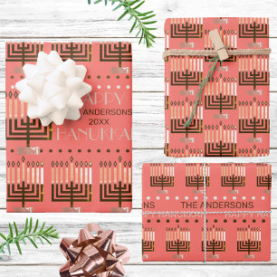 Happy Hanukkah Colorful Menorah Coral Pattern Wrapping Paper Sheets