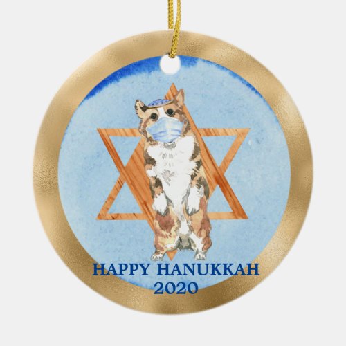 Happy Hanukkah Corgi Dog Covid 2020 Face Mask Ceramic Ornament