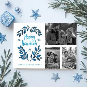Happy Hanukkah CUSTOM 3 PHOTOS Grid Holiday Card