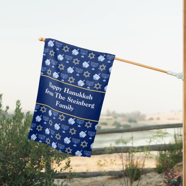 Happy Hanukkah Custom Blue Jewish Family House Flag (Insitu (Back))