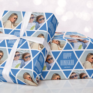 Happy Hanukkah Custom Name Photos Star Blue Wrapping Paper