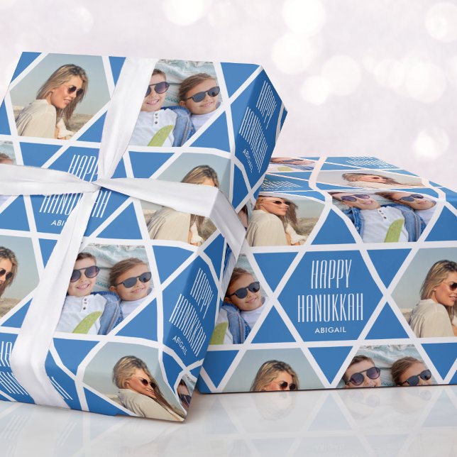 Happy Hanukkah Custom Name Photos Star Blue Wrapping Paper (Creator Uploaded)