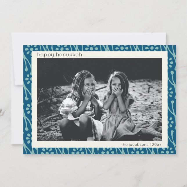 Happy Hanukkah Custom Photo Blue Floral Boho Holiday Card (Front)