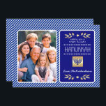 Happy Hanukkah. Custom Photo Holiday Card<br><div class="desc">Happy Hanukkah. Elegant Festive Blue Stripe Pattern design with gold foil Menorah and embellishments Hanukkah Flat Greeting Card / Invitation Card with personalized photo and names. Matching cards,  party invitations and gifts available in the Jewish Holidays / Hanukkah Category of our store.</div>