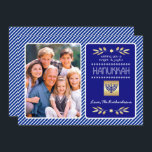 Happy Hanukkah. Custom Photo Holiday Card<br><div class="desc">Happy Hanukkah. Elegant Festive Blue Stripe Pattern design with gold foil Menorah and embellishments Hanukkah Flat Greeting Card / Invitation Card with personalized photo and names. Matching cards,  party invitations and gifts available in the Jewish Holidays / Hanukkah Category of our store.</div>
