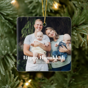 Happy Hanukkah custom photo text modern stripes Ceramic Ornament