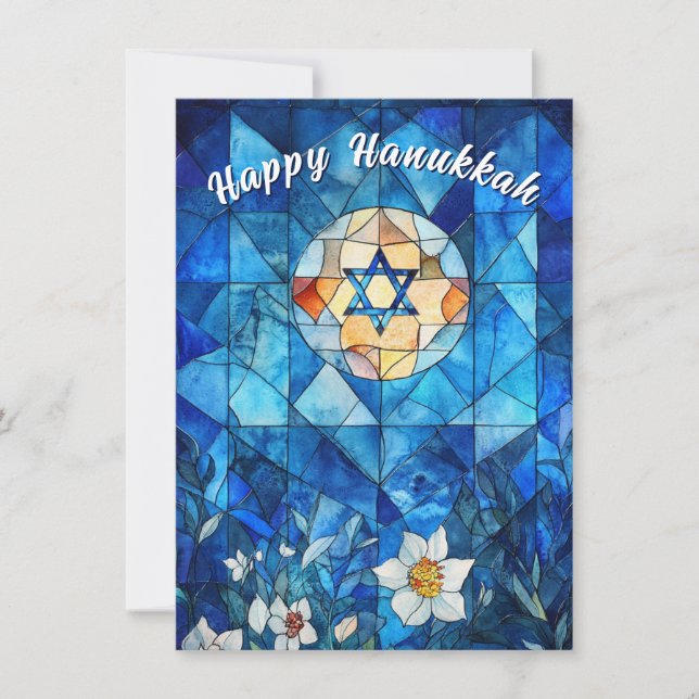 🕎 Happy Hanukkah, customizable stained glass Holiday Card (Front)