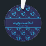 HAPPY HANUKKAH Customized Dreidel Blue Cyan Ornament<br><div class="desc">Stylish, elegant ornament for your HANUKKAH decor. Design shows a cyan dreidel print in a tiled pattern with customizable placeholder text which you can replace with your own choice of greeting and text. The color scheme is midnight blue and cyan. Other versions are available. Matching items can be found in...</div>