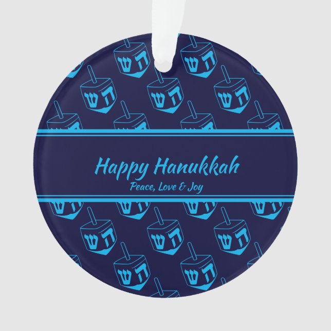 HAPPY HANUKKAH Customized Dreidel Blue Cyan Ornament (Front)