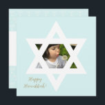 Happy Hanukkah Cute Blue One Photo Card<br><div class="desc">Elegant Light blue background. Personalize it with a favorite photo,  and customize it with a personal message and signoff.</div>