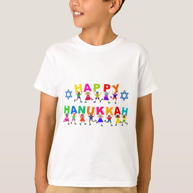 Happy Hanukkah Cute Cartoon Diverse Kids Text T-Shirt (Front)
