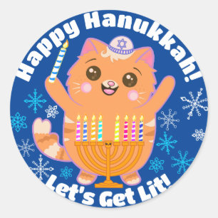 Happy Hanukkah Cute Cat Menorah Stickers