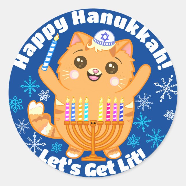Happy Hanukkah Cute Cat Menorah Stickers (Front)