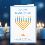 Happy Hanukkah Cute Customizable Menorah Holiday Card<br><div class="desc">Cute custom Happy Hanukkah card for a Jewish family or a Chanukah party with a synagogue. Personalize with your own last name or group information in blue under the pretty blue menorah.</div>