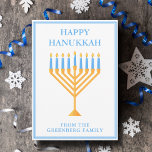 Happy Hanukkah Cute Customizable Menorah Holiday Card<br><div class="desc">Cute custom Happy Hanukkah card for a Jewish family or a Chanukah party with a synagogue. Personalize with your own last name or group information in blue under the pretty blue menorah.</div>