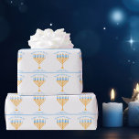 Happy Hanukkah Cute Customizable Menorah Wrapping Paper<br><div class="desc">Cute custom Happy Hanukkah wrapping paper for a Jewish family having a Chanukah party with a synagogue. Personalize with your own last name or group information in blue under the pretty blue and gold menorah.</div>