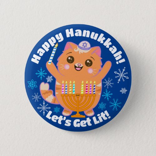 Happy Hanukkah Cute Happy Cat Menorah Button Pin