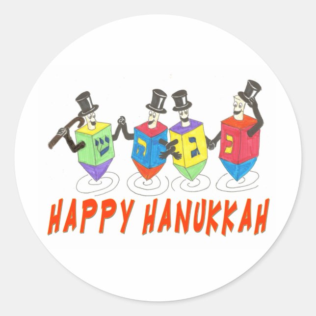 Happy Hanukkah Dancing  Dreidels Classic Round Sticker (Front)