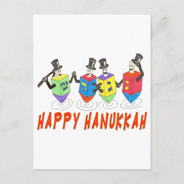 Happy Hanukkah Dancing  Dreidels Holiday Postcard (Front)