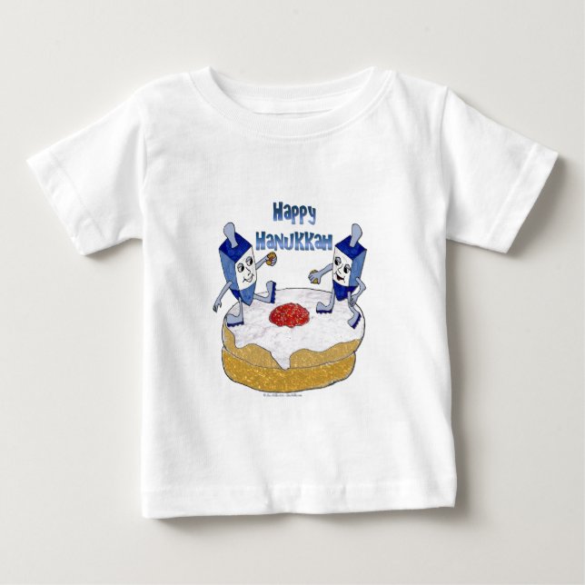 Happy Hanukkah Dancing Dreidels Jelly Doughnut Baby T-Shirt (Front)