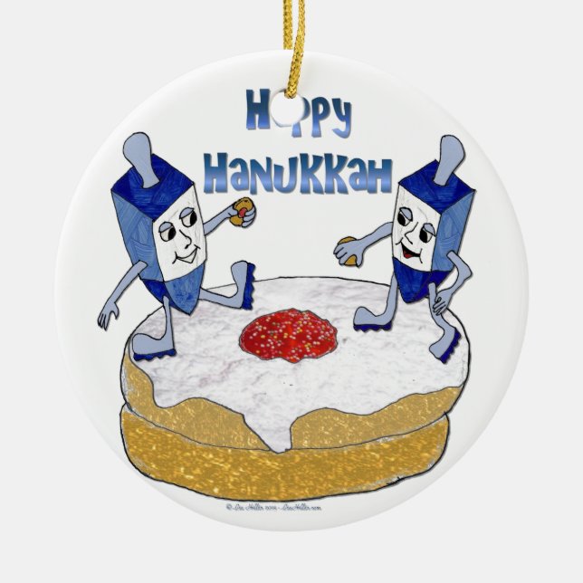 Happy Hanukkah Dancing Dreidels Jelly Doughnut Ceramic Ornament (Front)