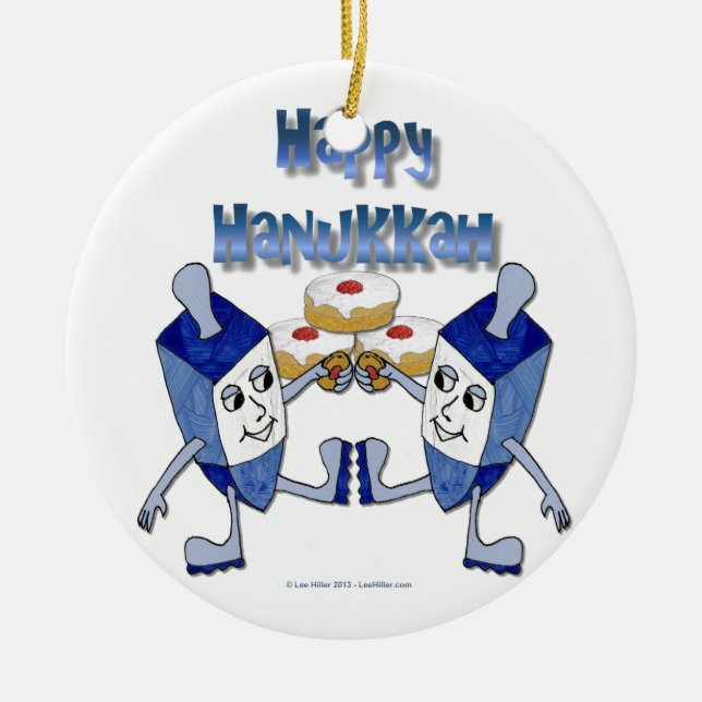 Happy Hanukkah Dancing Dreidels Jelly Doughnut Ceramic Ornament (Front)