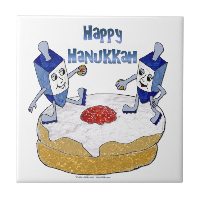 Happy Hanukkah Dancing Dreidels Jelly Doughnut Ceramic Tile (Front)