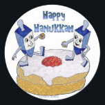 Happy Hanukkah Dancing Dreidels Jelly Doughnut Classic Round Sticker<br><div class="desc">You are viewing The Lee Hiller Design Collection. Apparel,  Gifts & Collectibles Lee Hiller Photography or Digital Art Collection. You can view her Nature photography at http://HikeOurPlanet.com/ and follow her hiking blog within Hot Springs National Park.</div>