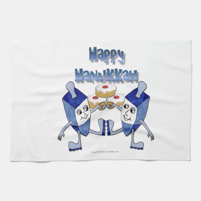 Happy Hanukkah Dancing Dreidels Jelly Doughnut Kitchen Towel (Horizontal)