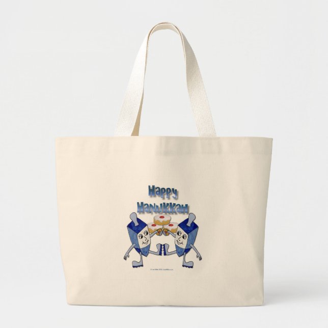 Happy Hanukkah Dancing Dreidels Jelly Doughnut Large Tote Bag (Front)
