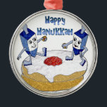 Happy Hanukkah Dancing Dreidels Jelly Doughnut Metal Ornament<br><div class="desc">You are viewing The Lee Hiller Design Collection. Apparel,  Gifts & Collectibles Lee Hiller Photography or Digital Art Collection. You can view her Nature photography at http://HikeOurPlanet.com/ and follow her hiking blog within Hot Springs National Park.</div>
