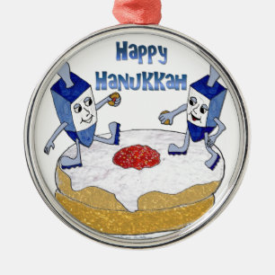 Happy Hanukkah Dancing Dreidels Jelly Doughnut Metal Ornament