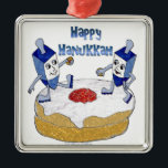 Happy Hanukkah Dancing Dreidels Jelly Doughnut Metal Ornament<br><div class="desc">You are viewing The Lee Hiller Design Collection. Apparel,  Gifts & Collectibles Lee Hiller Photography or Digital Art Collection. You can view her Nature photography at http://HikeOurPlanet.com/ and follow her hiking blog within Hot Springs National Park.</div>