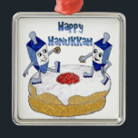 Happy Hanukkah Dancing Dreidels Jelly Doughnut Metal Ornament<br><div class="desc">You are viewing The Lee Hiller Design Collection. Apparel,  Gifts & Collectibles Lee Hiller Photography or Digital Art Collection. You can view her Nature photography at http://HikeOurPlanet.com/ and follow her hiking blog within Hot Springs National Park.</div>