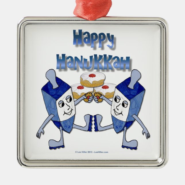 Happy Hanukkah Dancing Dreidels Jelly Doughnut Metal Ornament (Front)