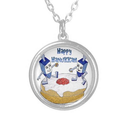Happy Hanukkah Dancing Dreidels Jelly Doughnut Silver Plated Necklace
