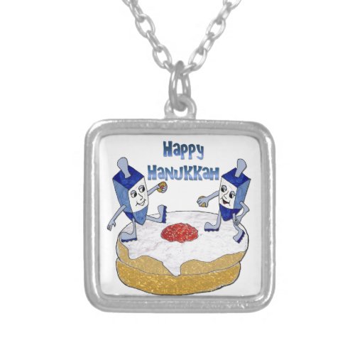 Happy Hanukkah Dancing Dreidels Jelly Doughnut Silver Plated Necklace