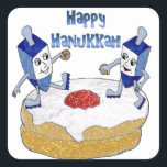 Happy Hanukkah Dancing Dreidels Jelly Doughnut Square Sticker<br><div class="desc">You are viewing The Lee Hiller Design Collection. Apparel,  Gifts & Collectibles Lee Hiller Photography or Digital Art Collection. You can view her Nature photography at http://HikeOurPlanet.com/ and follow her hiking blog within Hot Springs National Park.</div>
