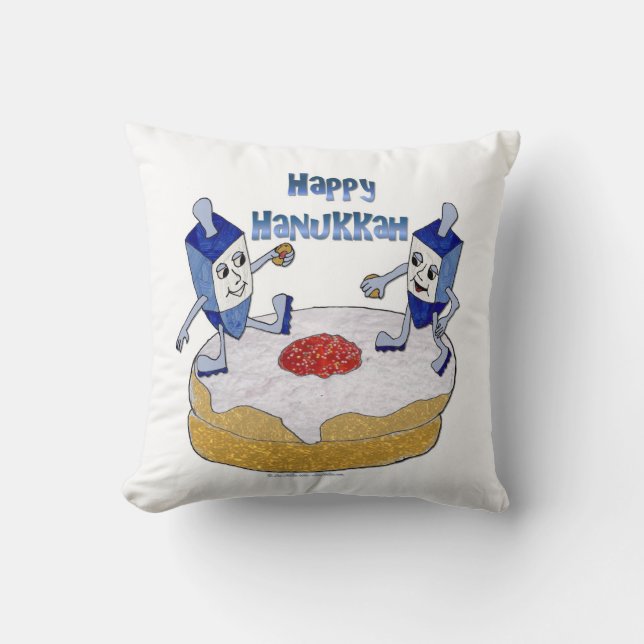 Happy Hanukkah Dancing Dreidels Jelly Doughnut Throw Pillow (Front)