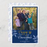 Happy Hanukkah Dark Blue Photo Holiday<br><div class="desc">This Hanukkah greeting card features a square photo and trendy handwritten text "Happy Hanukkah" on a dark blue background. The design is accented with light blue leaves.</div>