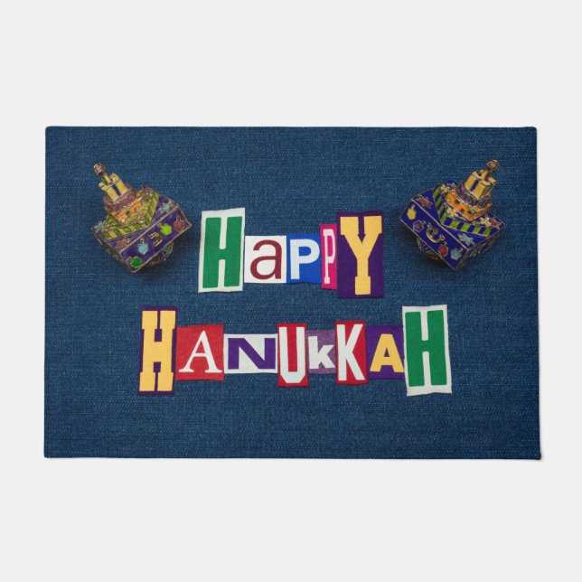 Happy Hanukkah Denim and Dreidels Doormat (Front)