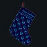 HAPPY HANUKKAH Dreidel Customized BLUE CYAN Small Christmas Stocking<br><div class="desc">Dark blue HAPPY HANUKKAH stocking with cyan blue DREIDEL pattern.. The placeholder text is customizable so you can add your name or change the greeting. Same design is on the reverse. Ideal way to present your small Hanukkah gifts. Also ideal for those who like to combine Hanuakkah and Christmas traditions...</div>