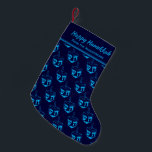 HAPPY HANUKKAH Dreidel Customized BLUE CYAN Small Christmas Stocking<br><div class="desc">Dark blue HAPPY HANUKKAH stocking with cyan blue DREIDEL pattern.. The placeholder text is customizable so you can add your name or change the greeting. Same design is on the reverse. Ideal way to present your small Hanukkah gifts. Also ideal for those who like to combine Hanuakkah and Christmas traditions...</div>
