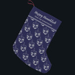 HAPPY HANUKKAH Dreidel Customized DARK BLUE Small Christmas Stocking<br><div class="desc">Dark blue HAPPY HANUKKAH stocking with silver gray DREIDEL pattern.. The placeholder text is customizable so you can add your name or change the greeting. Same design is on the reverse. Ideal way to present your small Hanukkah gifts. Also ideal for those who like to combine Hanuakkah and Christmas traditions...</div>