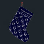 HAPPY HANUKKAH Dreidel Customized DARK BLUE Small Christmas Stocking<br><div class="desc">Dark blue HAPPY HANUKKAH stocking with silver gray DREIDEL pattern.. The placeholder text is customizable so you can add your name or change the greeting. Same design is on the reverse. Ideal way to present your small Hanukkah gifts. Also ideal for those who like to combine Hanuakkah and Christmas traditions...</div>