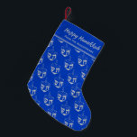 HAPPY HANUKKAH Dreidel Customized LIGHT BLUE Small Christmas Stocking<br><div class="desc">Light blue HAPPY HANUKKAH stocking with silver gray DREIDEL pattern.. The placeholder text is customizable so you can add your name or change the greeting. Same design is on the reverse. Ideal way to present your small Hanukkah gifts. Also ideal for those who like to combine Hanuakkah and Christmas traditions...</div>