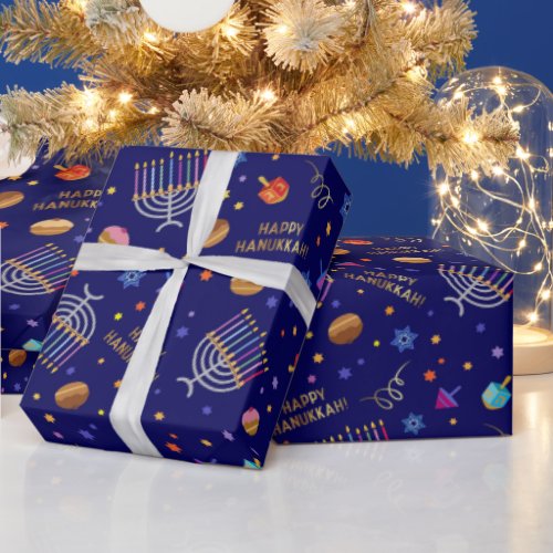 Happy Hanukkah Dreidel Menorah Sufganiyot Blue Wrapping Paper